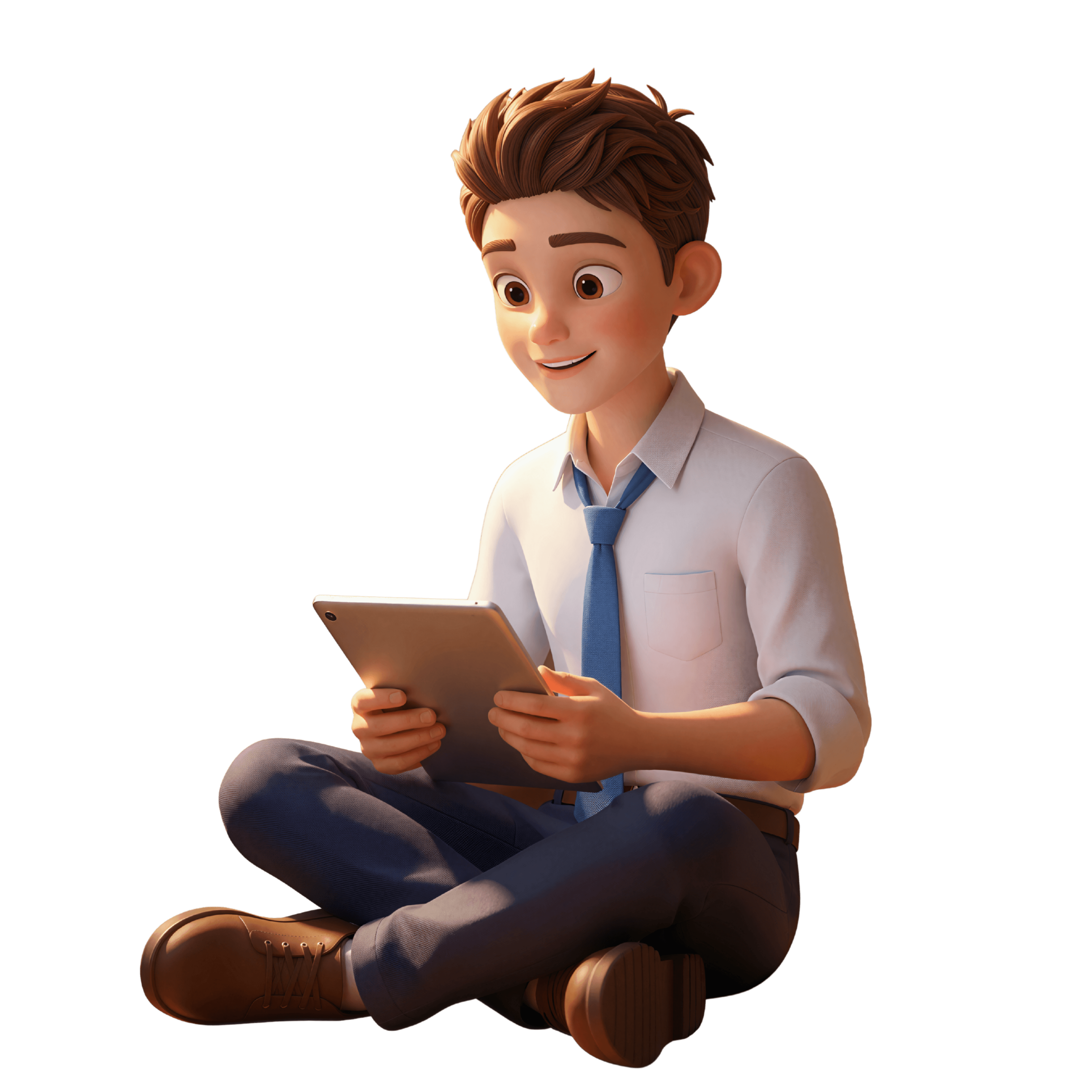 Illustration d'un professionnel assis en tailleur, consultant son analyse sur une tablette